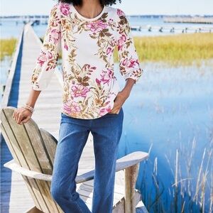 Women’s Soft Surroundings Floral Lesley Printed Top‎ Blouse Beaded Medium NWT